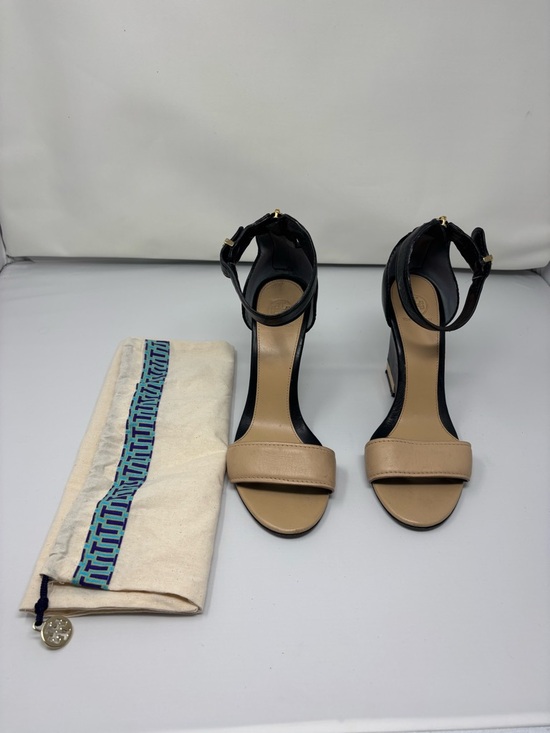 Tory Burch Shoes - Tory Burch Two-Tone Ankle Strap Block Sandals - Beige and Black